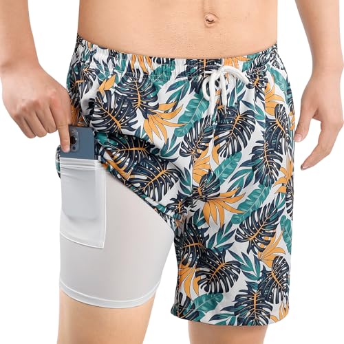 MASOCIO Badehose Herren Lang mit Kompression Innenhose 2 in 1 Badeshorts Männer Ohne Netz Schwimmhose Stretch Schwimmen Bade Hose Board Surf Swimming Swim Shorts Men Herrenbadehose Mehrfarbig L von MASOCIO