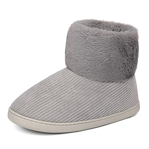 MASOCIO Hausschuhe Boots Damen Winter Warme Plüsch Hausstiefel Warm Hüttenschuhe Winterhausschuhe Stiefel Gefütterte Hoch Fell Pantoffeln Frauen Women Slippers Größe 42 43 Grau von MASOCIO