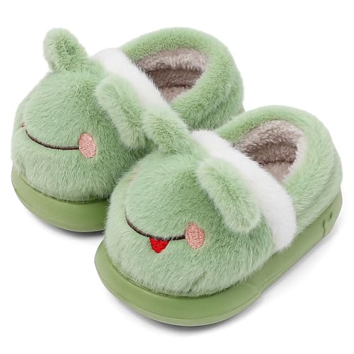 MASOCIO Hausschuhe Kinder Junge Mädchen Plüsch Puschen Warm Warme Winter Kinderhausschuhe Hüttenschuhe Baby Kleinkind Pantoffeln Lustige Tier Frosch Grün 4 (Hersteller Größe: CN 26-27) EU 25/26 von MASOCIO
