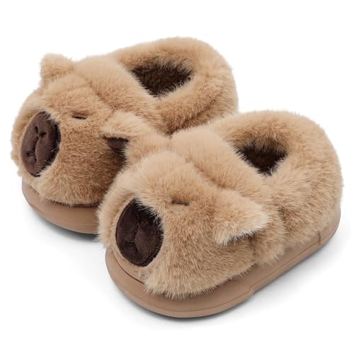 MASOCIO Hausschuhe Kinder Junge Mädchen Plüsch Puschen Warm Warme Winter Kinderhausschuhe Hüttenschuhe Baby Kleinkind Pantoffeln Tier Wasserschwein Braun 4 (Hersteller Größe: CN 34-25) EU 31/32 von MASOCIO