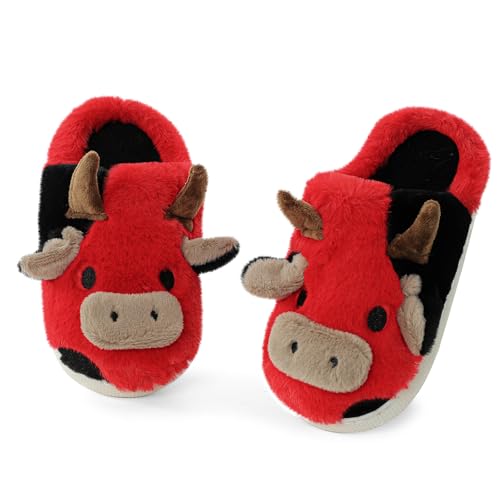 MASOCIO Hausschuhe Kinder Junge Mädchen Plüsch Puschen Warme Winter Pantoffeln Kinderhausschuhe Offen Kuschelig Flauschig Warm Hüttenschuhe Winterhausschuhe Slippers Größe 26 27 Rot Schwarz von MASOCIO
