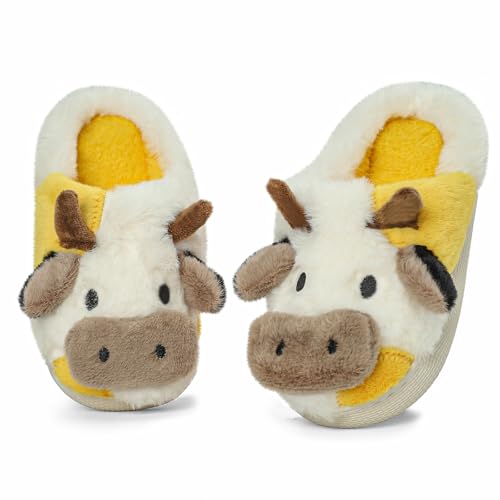 MASOCIO Hausschuhe Kinder Junge Mädchen Plüsch Puschen Warme Winter Pantoffeln Kinderhausschuhe Offen Kuschelig Flauschig Warm Hüttenschuhe Winterhausschuhe Slippers Größe 30 31 Weiß Gelb von MASOCIO