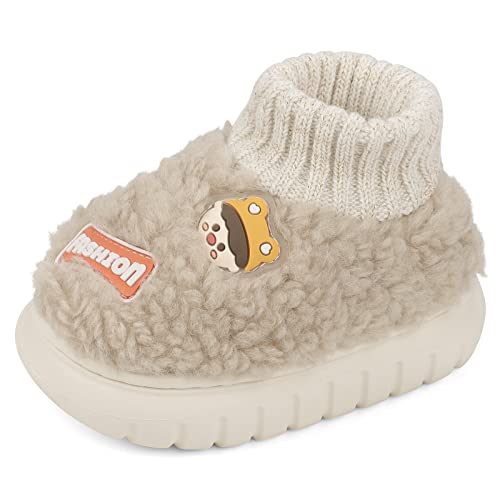 MASOCIO Hausschuhe Kinder Junge Mädchen Plüsch Warme Warm Winter Kinderhausschuhe Lustige Kuschel Puschen Hüttenschuhe Kleinkind Pantoffeln Jungen Größe 23 24 Beige von MASOCIO