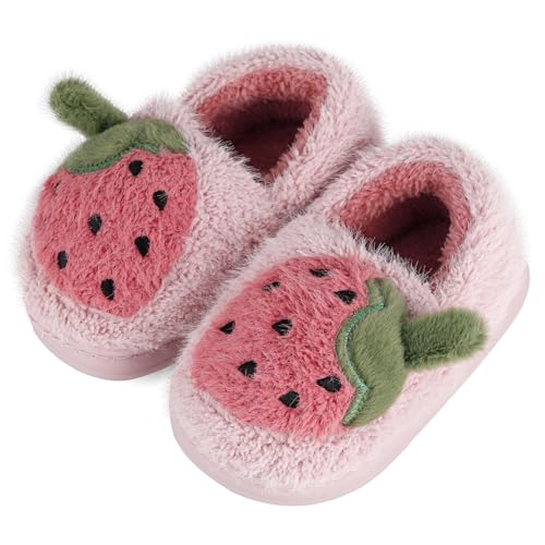 MASOCIO Hausschuhe Kinder Mädchen Plüsch Puschen Warm Warme Winter Kinderhausschuhe Hüttenschuhe Baby Kleinkind Pantoffeln Lustige Tier Erdbeere Rosa 4 EU 29/30 von MASOCIO