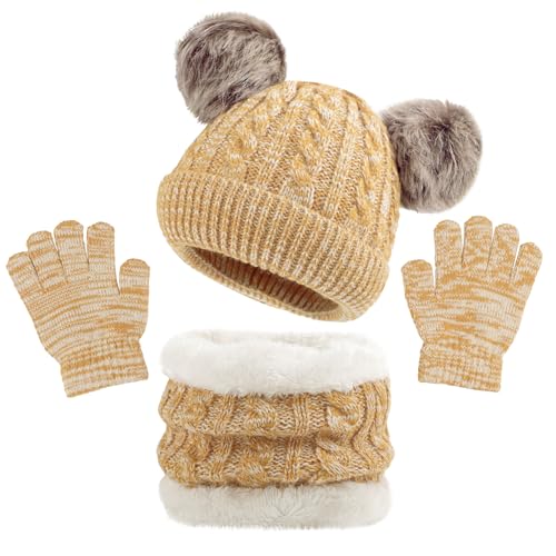 MASOCIO Kinder Schal Mütze Handschuhe Mädchen Junge Wintermütze Winter Herbst Warme Babymütze 3 4 5 Kindermützen mit Bommel Baby Kleinkind Strickmütze Fleece Beanie Hat 2-6 Jahr Gelb von MASOCIO