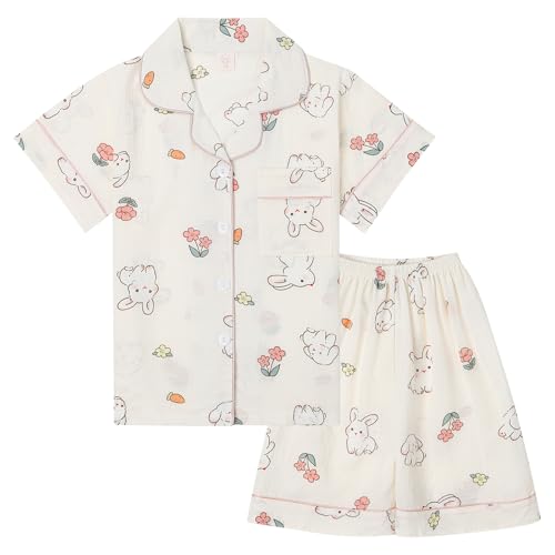 MASOCIO Schlafanzug Mädchen Kurz Pyjama Kinder Pijamas Sommer Kuschel Kinderschlafanzüge Kinderschlafanzug Kurzer Kinderpyjama Kinderschlafanzüge Kaninchen Blumen 1 7-8 Jahre Gr 122-128 von MASOCIO