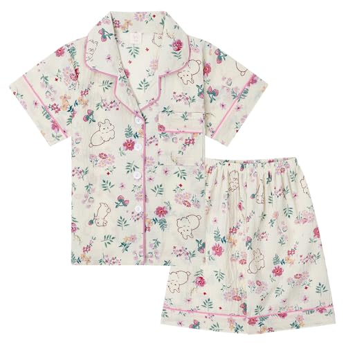 MASOCIO Schlafanzug Mädchen Kurz Pyjama Kinder Pijamas Sommer Kuschel Kinderschlafanzüge Kinderschlafanzug Kurzer Kinderpyjama Kinderschlafanzüge Kaninchen Blumen 7-8 Jahre Gr 122-128 von MASOCIO