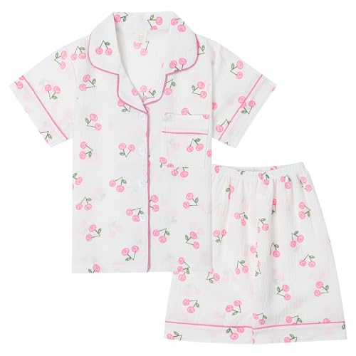 MASOCIO Schlafanzug Mädchen Kurz Pyjama Kinder Pijamas Sommer Kuschel Kinderschlafanzüge Kinderschlafanzug Kurzer Kinderpyjama Kinderschlafanzüge Rosa Kirschen 11-12 Jahre Gr 146-152 von MASOCIO