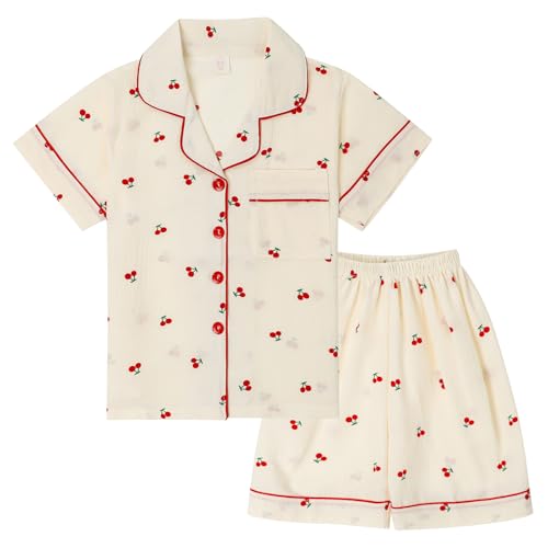 MASOCIO Schlafanzug Mädchen Kurz Pyjama Kinder Pijamas Sommer Kuschel Kinderschlafanzüge Kinderschlafanzug Kurzer Kinderpyjama Kinderschlafanzüge Rot Kirschen 11-12 Jahre Gr 146-152 von MASOCIO