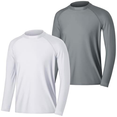 MASOCIO Schwimmshirt Herren Langarm UV Shirt Wasser Schwimm Oberteil Badeshirt Surfshirt UPF 50 UV Schutz Kleidung T Tshirt Langarmshirt Schutzkleidung Rashguard Männer 2 Pack 2XL Weiß Grau von MASOCIO