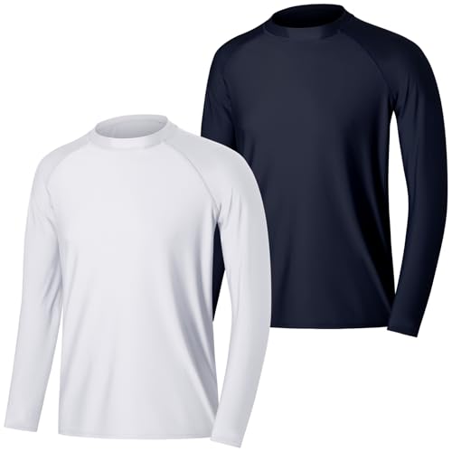 MASOCIO Schwimmshirt Herren Langarm UV Shirt Wasser Schwimm Oberteil Badeshirt Surfshirt UPF 50 UV Schutz Kleidung T Tshirt Langarmshirt Schutzkleidung Rashguard Männer 2 Pack L Weiß Marineblau von MASOCIO