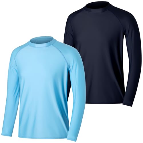MASOCIO Schwimmshirt Herren Langarm UV Shirt Wasser Schwimm Oberteil Badeshirt Surfshirt UPF 50 UV Schutz Kleidung T Tshirt Langarmshirt Schutzkleidung Rashguard Männer 2 Pack S Blau Marineblau von MASOCIO