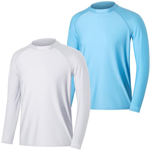 MASOCIO Schwimmshirt Herren Langarm UV Shirt Wasser Schwimm Oberteil Badeshirt Surfshirt UPF 50 UV Schutz Kleidung T Tshirt Langarmshirt Schutzkleidung Rashguard Männer 2 Pack XL Weiß Blau von MASOCIO
