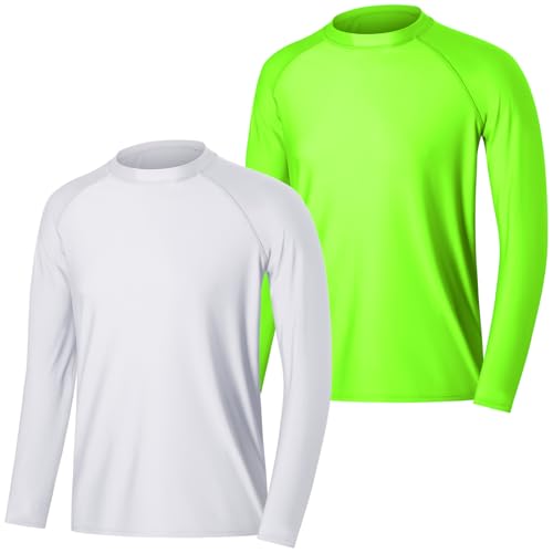 MASOCIO Schwimmshirt Herren Langarm UV Shirt Wasser Schwimm Oberteil Badeshirt Surfshirt UPF 50 UV Schutz Kleidung T Tshirt Langarmshirt Schutzkleidung Rashguard Männer 2 Pack XL Weiß Grün von MASOCIO