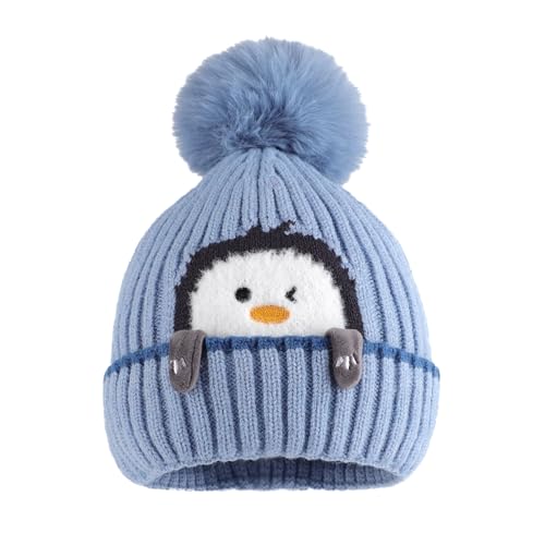 MASOCIO Wintermütze Baby Mütze Junge Mädchen Winter Herbst Warme Kinder Babymütze mit Bommel Kindermützen Strickmütze 2 Fleece Beanie Hat 1-3 Jahr Blau von MASOCIO