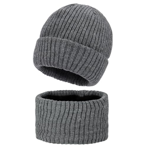 MASOCIO Wintermütze Baby Mütze Schal Set Kinder Junge Mädchen Winter Herbst Warme Babymütze Kindermützen Loop Strickmütze 1 2 Jahr Fleece Beanie Hat 6-24 Monate Dunkelgrau (Herstellergröße S) von MASOCIO