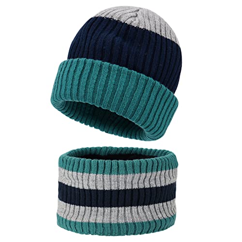 MASOCIO Wintermütze Baby Mütze Schal Set Kinder Junge Mädchen Winter Herbst Warme Babymütze Kindermützen Loop Strickmütze 1 2 Jahr Fleece Beanie Hat 6-24 Monate Gestreift 1 (Herstellergröße S) von MASOCIO