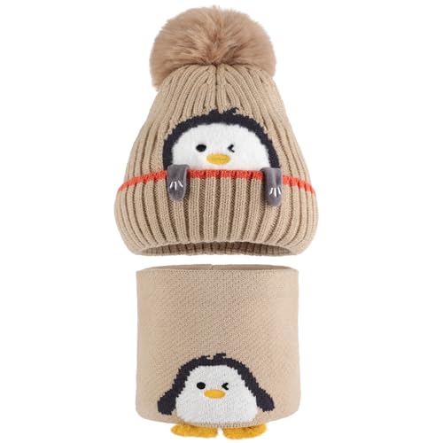 MASOCIO Wintermütze Baby Mütze Schal Set Kinder Junge Mädchen Winter Herbst Warme Babymütze mit Bommel Kindermützen Loop Strickmütze Fleece Beanie Hat 1-3 Jahr Khaki von MASOCIO