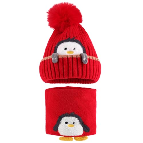 MASOCIO Wintermütze Baby Mütze Schal Set Kinder Junge Mädchen Winter Herbst Warme Babymütze mit Bommel Kindermützen Loop Strickmütze Fleece Beanie Hat 1-3 Jahr Rot von MASOCIO
