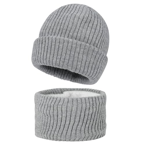 MASOCIO Wintermütze Kinder Mütze Schal Set Junge Mädchen Winter Herbst Warme Babymütze Kindermützen Baby Loop Strickmütze 3 4 5 6 Fleece Beanie Hat 2-8 Jahr Grau (Herstellergröße M) von MASOCIO