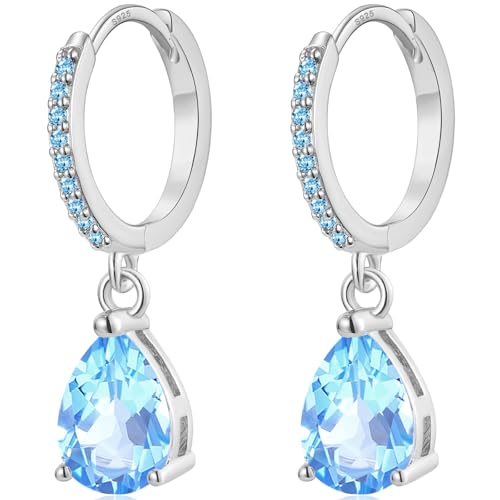 MASOP Creolen Silber 925 11mm mit Anhänger Hell Blau AAA Zirkonia 9mm Silberohrringe Wassertropfen Stein Hängend Klein Schmuck Geschenke für Damen Freundin Frauen Mädchen von MASOP