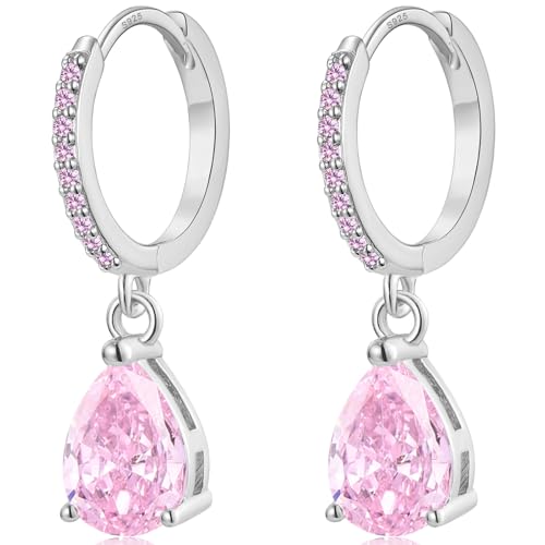 MASOP Creolen Silber 925 11mm mit Anhänger Pink AAA Zirkonia 9mm Silberohrringe Rosa Wassertropfen Stein Hängend Klein Schmuck Geschenke für Damen Freundin Frauen Mädchen von MASOP