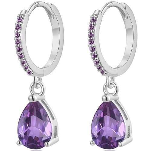 MASOP Creolen Silber 925 11mm mit Anhänger Purpur Violett AAA Zirkonia 9mm Silberohrringe Lila Wassertropfen Stein Hängend Klein Schmuck Geschenke für Damen Freundin Frauen Mädchen von MASOP