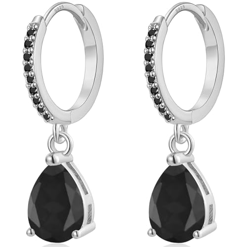 MASOP Creolen Silber 925 mit Anhänger Schwarze Zirkonia Silberohrringe Schwarzer Edelstein Wassertropfen Hängend Vergoldet Schmuck Geschenke für Damen Freundin Frauen Mädchen von MASOP