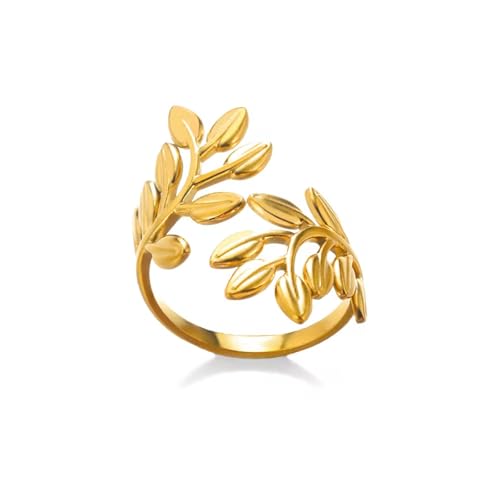 MASOP Großer Ringe Blatt Edelstahl Titan Stahl Gold Vergoldet Zweig Ringe Offener Verstellbar Geschenke für Damen Frauen von MASOP