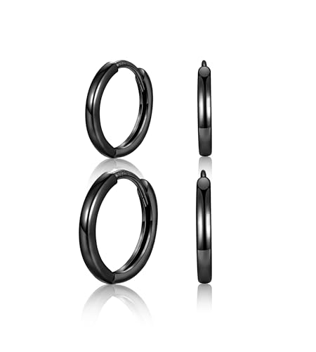 MASOP Ohrringe Schwarz, 2 Paar Creolen Set Silber 925 Stecker 10mm 12mm Damen Frauen Mädchen Herren Schlicht Basis Leicht von MASOP