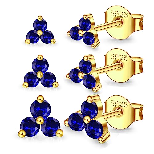 MASOP Ohrstecker Gold Set, 3 Klein Blau Zirkonia Silber 925 Ohrringe Stecker 585 Vergoldet 3mm/4mm/5mm Schmuck Geschenke für Frauen Damen Mädchen von MASOP