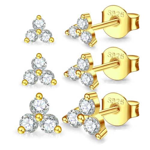 MASOP Ohrstecker Gold Set, Klein Zirkonia Silber 925 Stecker 585 Vergoldet 3mm/4mm/5mm Schmuck Geschenke für Frauen Damen Mädchen von MASOP