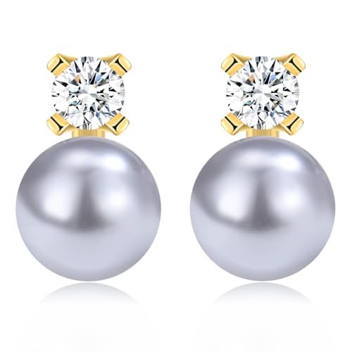 MASOP Perlenohrringe Gold Ohrstecker Graue Perlen 8mm Zirkonia Stein Perlenohrstecker Versilbert für Damen Frauen Braut Freundin Mama von MASOP