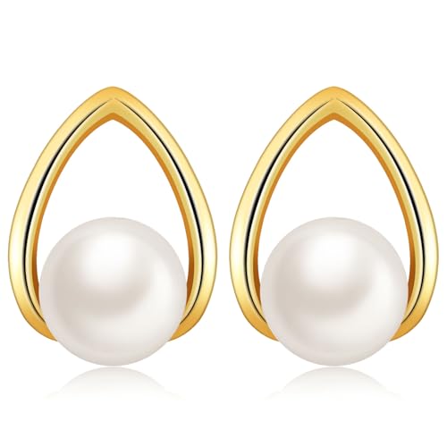 MASOP Perlenohrringe Goldfarbe Ohrstecker Weiße Perlen Tropfen Perlenohrstecker für Damen Frauen Freundin Mama Braut von MASOP