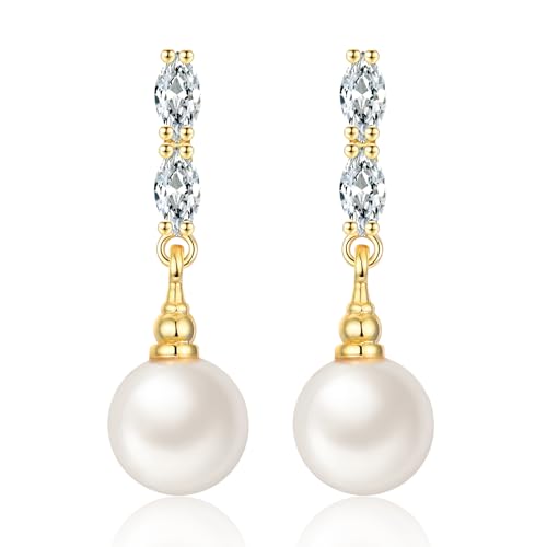 MASOP Perlenohrringe Ohrstecker 8mm Weiße Perlen AAA Zirkonia Stein Lange Hängend Perlenohrstecker Vergoldet für Damen Frauen von MASOP
