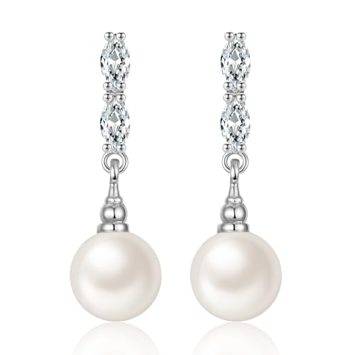 MASOP Perlenohrringe Ohrstecker 8mm Weiße Perlen AAA Zirkonia Stein Lange Hängend Perlenohrstecker für Damen Frauen von MASOP
