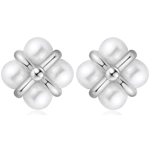 MASOP Perlenohrringe Ohrstecker Weiße Perlen Vierblättrige Blatt Perlenohrstecker für Damen Frauen Freundin Mama Braut von MASOP