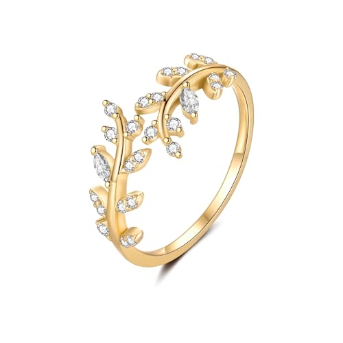 MASOP Ring Gold Zweig Blatt Offener Ringe AAA Zirkonia Kleine Schmuck Silber 925 Vergoldet Geschenke für Damen Frauen Freundin Mädchen Schwester Mutter Muttertag Muttertagsgeschenk von MASOP