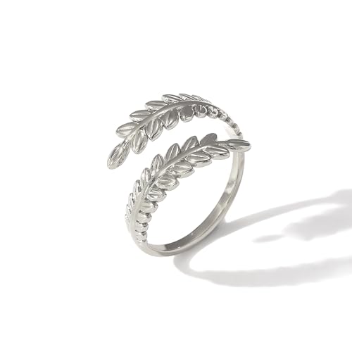 MASOP Ringe Blatt Edelstahl Titan Stahl Zweig Ringe Offener Verstellbar Geschenke für Damen Frauen von MASOP