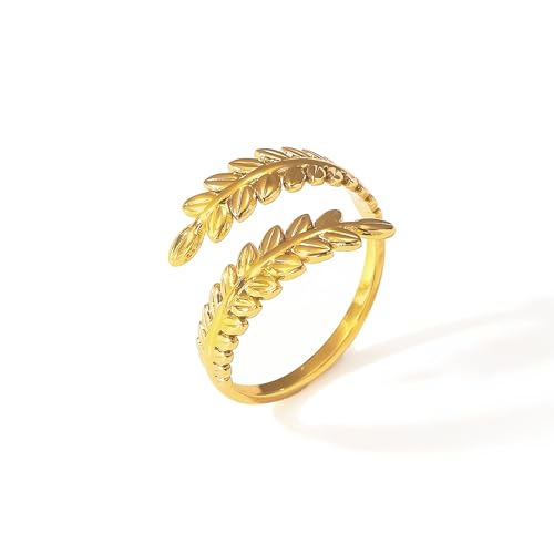 MASOP Ringe Blatt Gold Edelstahl Vergoldet Titan Stahl Zweig Ringe Offener Verstellbar Geschenke für Damen Frauen von MASOP