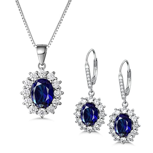 MASOP Silber Damen Schmuck Set, 925 Sterling Silber Saphir Schmuckset, Silber Blau Halskette und Ohrringe Set, Oval Anhänger mit 45 cm Damen Halskette & Ohrhänger, Prinzessin Diana Luxus Schmuck von MASOP