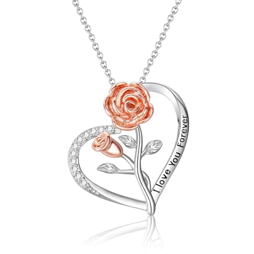 MASOP Sterling Silber 925 Kette Geschenk für Damen, Herz Rose Anhänger Zirkonia Rosegold Vergoldet Halskette Valentinstag Schmuck Geschenk für sie Freundin mit Geschenke Box von MASOP