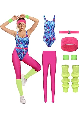 MASSWO Damen Aerobic-Kostüm 80er Jahre Workout Outfit 90er Jahre Zubehör-Set Retro Jogginganzug Hüfttasche Gym Yoga Laufen, Pink, L von MASSWO