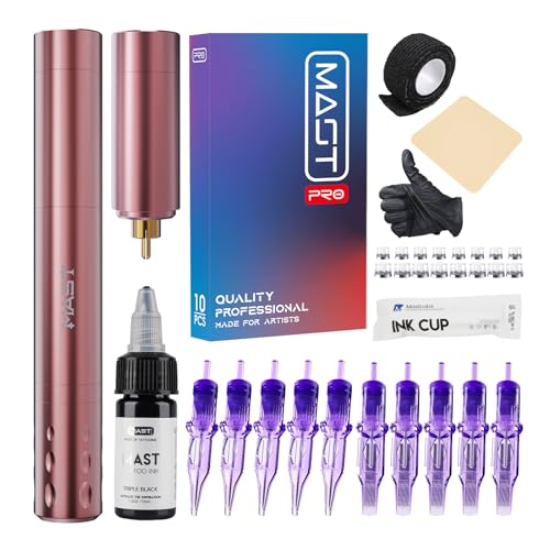 Mast Wireless Tattoo Kit, Tour Fly Slim Wireless Rotary Tattoo Pen Machine, Power Motor by Mcore-A, 10 Count Pro Tattoo Cartridges, Cordless 2 Batteries Replaceble for Eyebrow Eyeliner Lip (pink) von MAST TATTOO