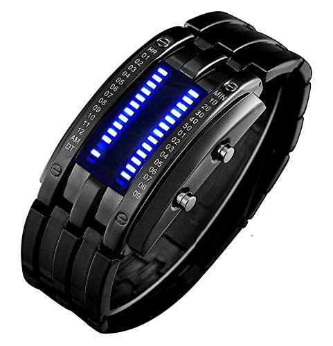 MASTOP Damen Herren Armbanduhr Mode Neuheit Lava Rot Blau LED Digital Edelstahl Schwarz Armband Uhren, Binär – Schwarz, Digital von MASTOP