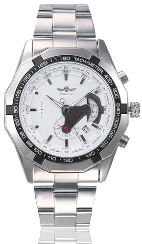 MASTOP Mechanische Herren-Armbanduhr, Edelstahlarmband, automatisches Datum, einfaches Design, automatisches Selbstaufziehen, Silber, Weiß, Japanisches Automatik-Uhrwerk mit analoger Anzeige. Die Uhr von MASTOP
