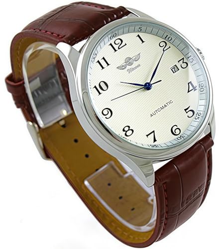 mastop Herren 's Classic Automatik Mechanische Tag Kalender Luxus Leder Band Armbanduhr von MASTOP