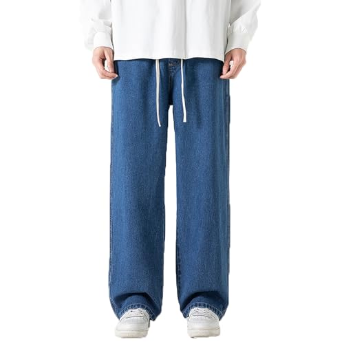 Baggy Fit Jeans Freizeithose für Herren Jeanshose mit Elastischem Bund Gerade Hose mit Weitem Bein Klassische Jeans Y2k Streetstyle Blaue Hohe Taille mit Tasche Stylische Cargo-Jeans(Dark Blue,L) von MASUCOR