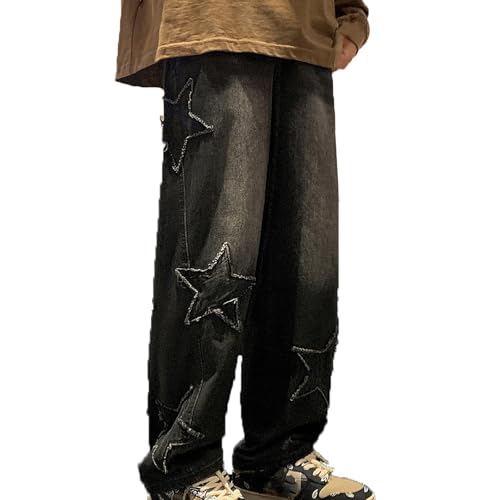 Baggy Jeans für Männer Y2K Hip-Hop Jeans Streetwear Lässig Star Patchwork Gerades Bein Baggy Jeans mit Weitem Bein Bequeme Strapazierfähige Jeans für Herren(Black,M) von MASUCOR