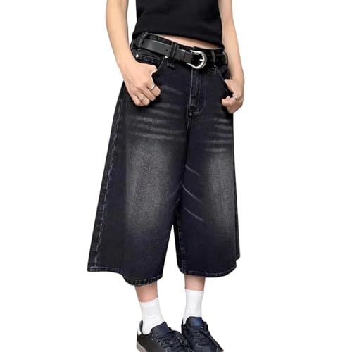 Baggy Jorts Denim Shorts Baggy Casual Wide Leg Jeans Shorts Jorts Y2K Knielang Hip Hop Lockere Passform Cropped Hose Used Look Baumwoll-Denim Verwaschener Effekt Lange Jeans Shorts(Black,XXL) von MASUCOR